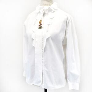 Alphorn Vintage Bavarian White Blouse 100% Cotton Embroidered Folkwear Button 42